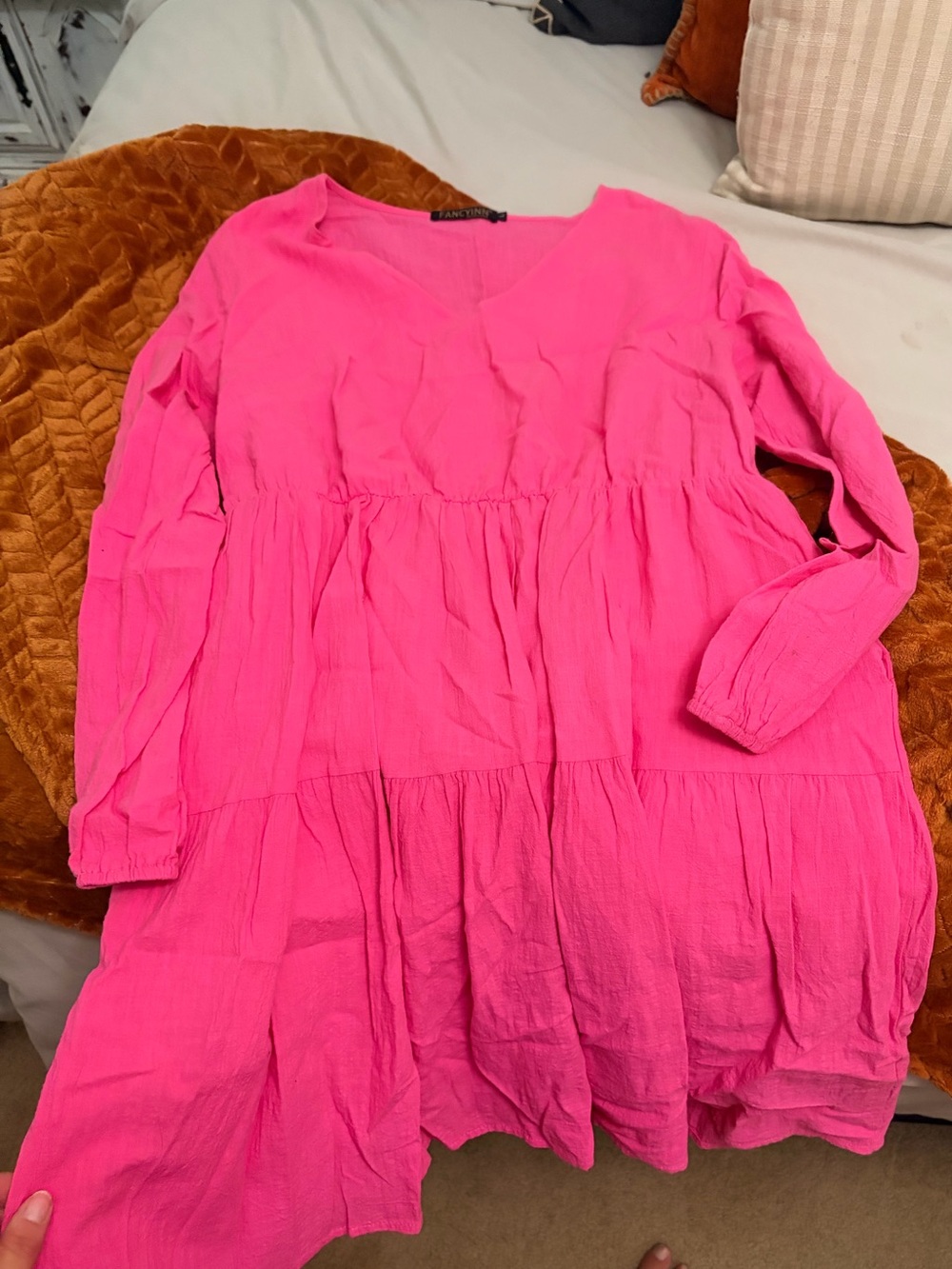 FancyInn Vibrant Pink Tiered Long-Sleeve Girls' Dress
